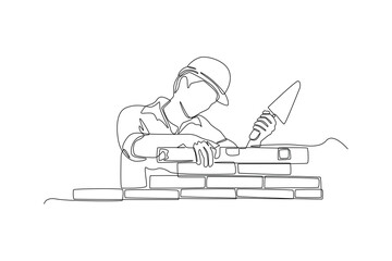 Continuous one line drawing Construction worker lay clay bricks to form building walls at the construction site. Construction and building concept. Single line draw design vector graphic illustration. - obrazy, fototapety, plakaty