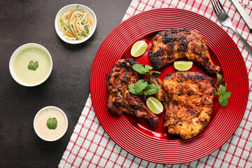 Thandoori chicken , Arabian spicy food tandoori whole chicken Bengaluru, India . Platter served...