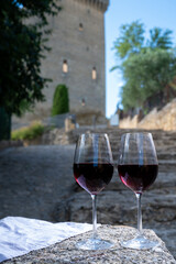 Glass of red dry wine and ruins of medieval castle of Châteauneuf-du-Pape ancient wine making village in France