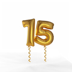 A separate number fifteen in the form of a foil balloon. Template for creating a greeting card for the celebration. 3d rendering.