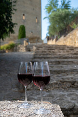 Glass of red dry wine and ruins of medieval castle of Châteauneuf-du-Pape ancient wine making village in France