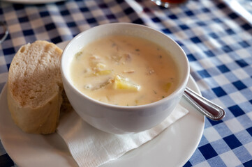 Traditional scottish white cream soup, cullen skink made with smoked paddock fish, Scotland