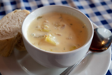 Traditional scottish white cream soup, cullen skink made with smoked paddock fish, Scotland