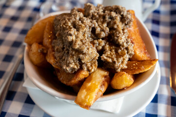 Scottish traditional snack food, hand cut potato chips topped with haggis and gravy