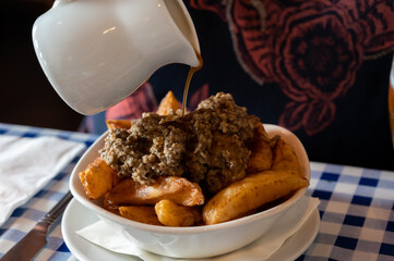 Scottish traditional snack food, hand cut potato chips topped with haggis and gravy