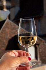 Tasting of white grand cru classe chablis wine with old French houses on background, Burgundy, France