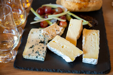Pairing of scotch whisky and farmers scottish cheeses cheddar, stilton, blue cheese, brie, tasting of whiskey and cheese in Edinburgh, UK