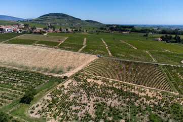 Aerial view on vineyards and villages near Mont Brouilly, wine appellation Côte de Brouilly...