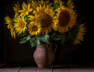 beautiful yellow Sunflower still life bouquet  in a clay jug ceramic rustic style oil honey Dark...