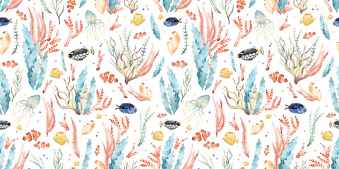 Watercolor hand drawn seamless pattern, colorful illustration of sea underwater plants, fish, seaweeds, ocean coral reef. Aquarium decor. Wildlife marine floral elements isolated on white background.