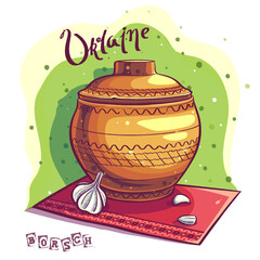 Vector background illustration jug with borscht and garlic.