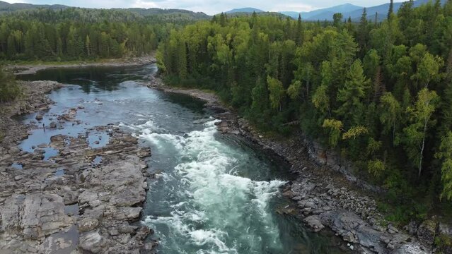 Wild nature landscape drone view with river and forest. Fog above water. Mountain Siberian river flow, water on stones,  forest  trees. aero view.