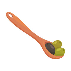 Colorful olive spoon flat for web design. Cartoon olive tree, oil and branches with olives isolated vector illustration. Plants and nutrition concept