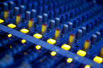 close up of audio console recording studio equalizer radio audio
