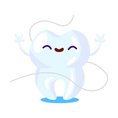Cartoon tooth care. Happy funny tooth with toothbrush, paste, floss, sad molar with cavity or dental tool. Vector illustration for dental care, dentist visiting, hygiene concept