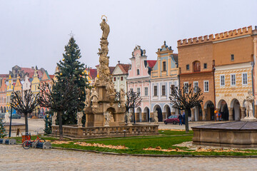 Telc , beautiful Unesco old town with Colorful houses around Hradec square , Renaissance architecture during winter morning : Telc , Czech  : December 13, 2019