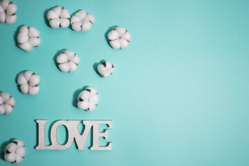 Love letter with cotton flowers over the mint background. 