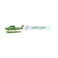 Creative plane flying with banner flat illustration. Cartoon aircraft, airplane and biplane with ribbon isolated vector illustration. Aviation and advertisement concept