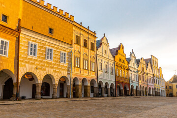 Fototapeta premium Telc , beautiful Unesco old town with Colorful houses around Hradec square , Renaissance architecture during winter morning : Telc , Czech : December 14, 2019