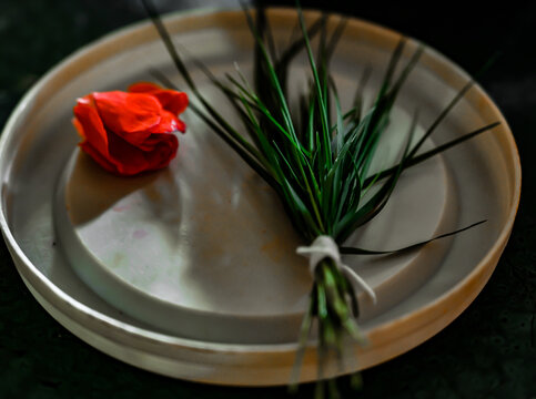 White Plate With Fresh Red Petals and Green Grass For Lord Ganesha. Lord Ganesh Symbols. Ganpati. Maharashtra Culture. Hindu Religion
