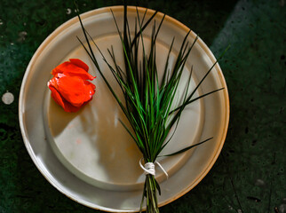 White Plate With Red Rose Petals and Green Grass For Lord Ganesha Close Up. Lord Ganesh Symbols....