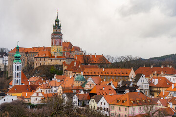 Panoramic view from Cesky Krumlov old town . Medieval and romantic town along Vltava River during winter , Czech  : December 14, 2019