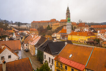 Fototapeta na wymiar Panoramic view from Cesky Krumlov old town . Medieval and romantic town along Vltava River during winter , Czech : December 14, 2019