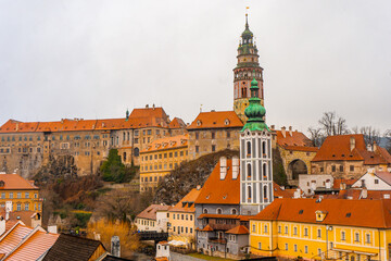 Naklejka na ściany i meble Panoramic view from Cesky Krumlov old town . Medieval and romantic town along Vltava River during winter , Czech : December 14, 2019