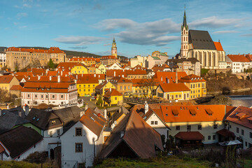 Fototapeta na wymiar Panoramic view from Cesky Krumlov old town . Medieval and romantic town along Vltava River during winter , Czech : December 14, 2019