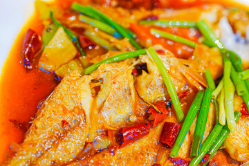 Close up of a dish in the delicious sauce fish restaurant