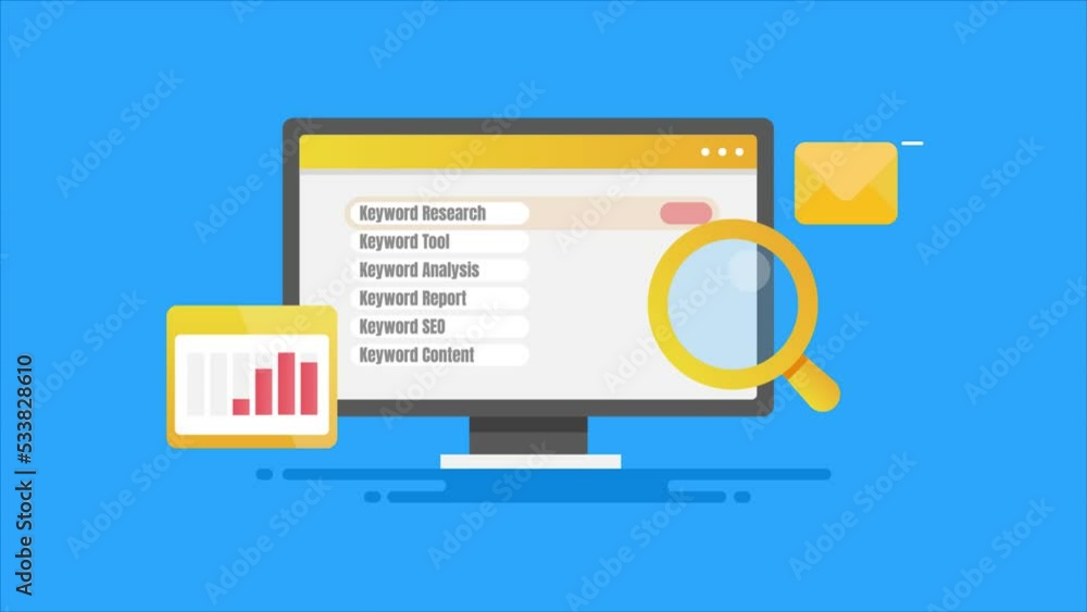 Aufkleber seo keyword research concept, selecting search term suggestion and data graph on dashboard animation