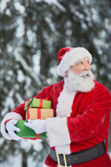 Waist up portrait of traditional Santa Claus carrying presents outdoors in winter forest and looking cautious