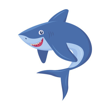 Cute smiling shark flat picture. Cartoon comic predator fish isolated on white background vector illustration. Underwater wildlife
