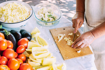 A woman is engaged in the preparation and processing of various fresh farm vegetables