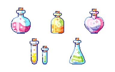 Pixel art 8bit potions set. 8 bit retro game style elixirs in glass bottles. 90s assets stickers collection of pixel potions icons set. 
