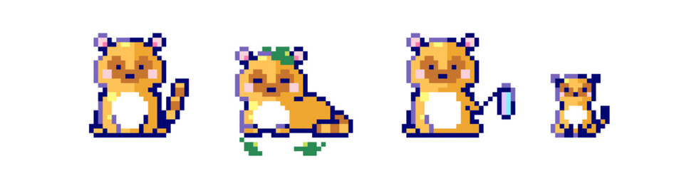 Pixel raccoon illustration set. Pixel art animal raccoon or japanese tanuki icons collection. 8 bit 90s game style cute asset sticker illustrations. Funny pixelated raccoon characters.
