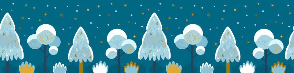 Seamless border with winter forest, fir trees, trees and bushes with snow. winter landscape in scandinavian style.