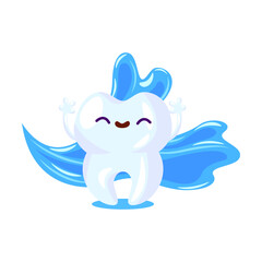 Cartoon tooth, funny tooth with toothbrush, paste, floss, sad molar with cavity or dental tool. Vector illustration for dental care, dentist visiting, hygiene concept