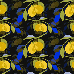 Branch with lemons. Image on a white and colored background. Color graphics.