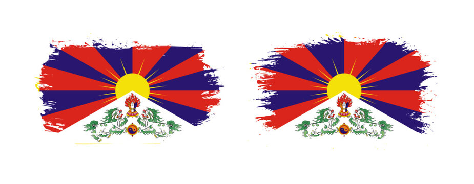 Set of two grunge brush flag of Tibet on solid background
