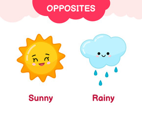 Vector learning material for kids opposites sunny rainy. Cartoon illustrations of cartoon sun and cloud with rain.

