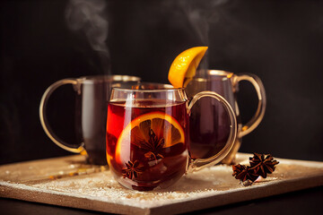 Mugs of mulled wine, hot winter drink, food photography and illustration