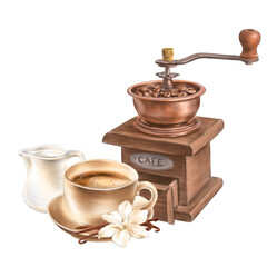 Composition with a coffee grinder, a cup of coffee, vanilla, milk jug