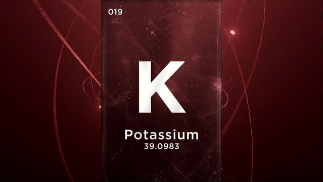 Potassium (K) symbol chemical element of the periodic table, 3D animation on atom design background