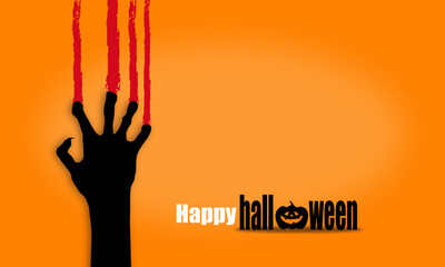 Halloween idea with yellow wall scratch marks from zombies, silhouette of a person holding hands.