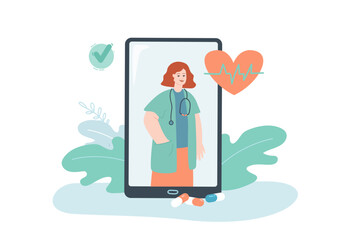 Female cardiologist on phone screen flat vector illustration. Video call or online consultation with doctor. Medicine, hospital, treatment concept for banner, website design or landing web page