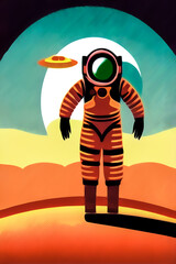 Retro astronaut, concept art in a vintage style. Colorful spaceman original illustration.