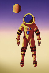 Retro astronaut, concept art in a vintage style. Colorful spaceman original illustration. Alien planet and purple sky.
