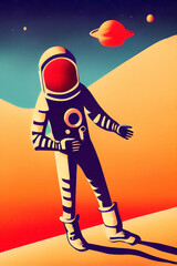 Retro astronaut, concept art in a vintage style. Colorful spaceman original illustration.