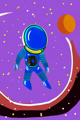 Retro astronaut, concept art in a vintage style. Colorful spaceman with a blue spacesuit, floating alone in space.  Original illustration.